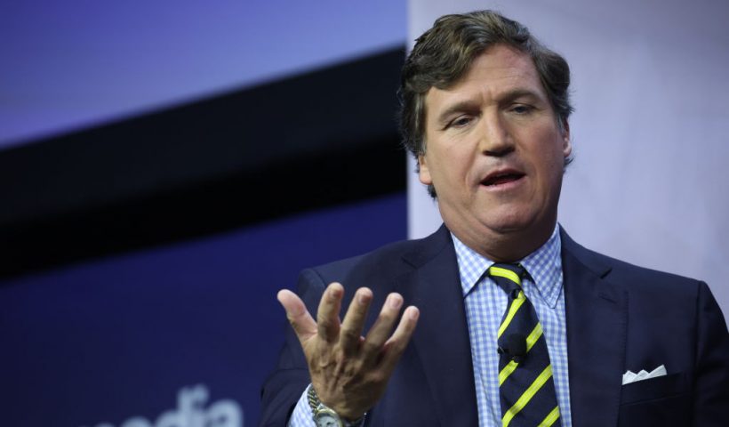 DES MOINES, IOWA - JULY 14: Former Fox News television personality Tucker Carlson speaks to guests at the Family Leadership Summit on July 14, 2023 in Des Moines, Iowa. The event, which is expected to draw several Republican presidential candidates, is billed as “The Midwest’s largest gathering of Christians seeking cultural transformation in the family, Church, government, and more.” (Photo by Scott Olson/Getty Images)