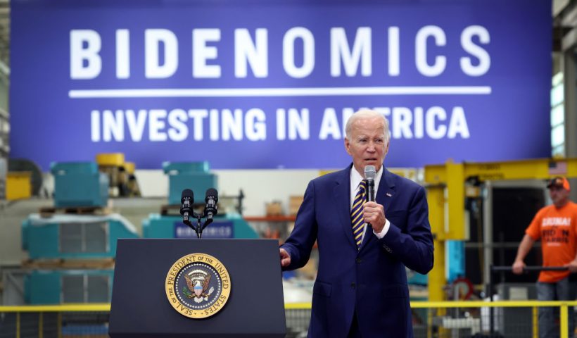 MILWAUKEE, WISCONSIN - AUGUST 15: U.S. President Joe Biden speaks to guests at Ingeteam Inc., an electrical equipment manufacturer, on August 15, 2023 in Milwaukee, Wisconsin. Biden used the opportunity to speak about his "Bidenomics" economic plan on the one-year anniversary of the Inflation Reduction Act of 2022. (Photo by Scott Olson/Getty Images)