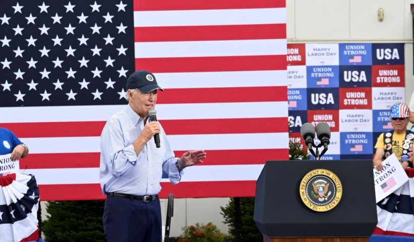 PHILADELPHIA, PENNSYLVANIA - SEPTEMBER 4: U.S. President Joe Biden addresses union workers at Sheet Metal Workers Local 19 on September 4, 2023 in Philadelphia, Pennsylvania. During his speech, President Biden talked about his record on job creation and support for labor unions. (Photo by Mark Makela/Getty Images)