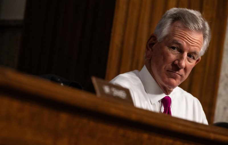 US Senator Tommy Tuberville (R-AL) looks on as US Air Force General David W. Allvin, nominee to be Chief of Staff of the Air Force at the Department of Defense, not pictured, speaks during a Senate Armed Services Committee nomination hearing on Capitol Hill in Washington, DC, on September 12, 2023. (Photo by ANDREW CABALLERO-REYNOLDS / AFP) (Photo by ANDREW CABALLERO-REYNOLDS/AFP via Getty Images)