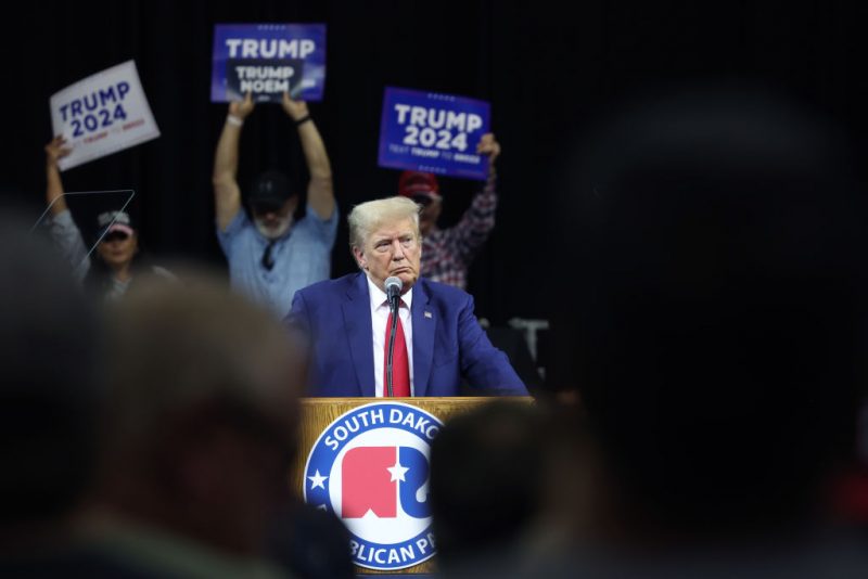 RAPID CITY, SOUTH DAKOTA - SEPTEMBER 08: Republican presidential candidate former President Donald Trump speaks at the Monument Leaders Rally hosted by the South Dakota Republican Party on September 08, 2023 in Rapid City, South Dakota. South Dakota Governor Kristi Noem endorsed Trump during the event. (Photo by Scott Olson/Getty Images)