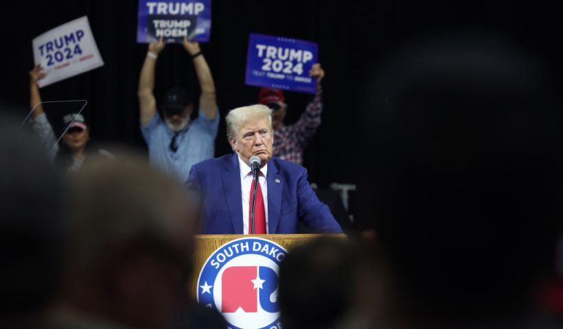 RAPID CITY, SOUTH DAKOTA - SEPTEMBER 08: Republican presidential candidate former President Donald Trump speaks at the Monument Leaders Rally hosted by the South Dakota Republican Party on September 08, 2023 in Rapid City, South Dakota. South Dakota Governor Kristi Noem endorsed Trump during the event. (Photo by Scott Olson/Getty Images)