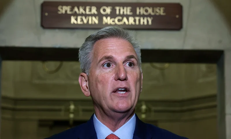 Speaker Kevin McCarthy Delivers A Statement At The U.S. Capitol WASHINGTON, DC - SEPTEMBER 12: Speaker of the House Kevin McCarthy (R-CA) announces an impeachment inquiry against U.S. President Joe Biden to members of the news media outside his office at the U.S. Capitol on September 12, 2023 in Washington, DC. Although the House Oversight Committee has yet to produce direct evidence of Biden taking bribes or other acts of corruption, McCarthy announced that Rep. James Comer (R-KY) will lead the investigation. (Photo by Chip Somodevilla/Getty Images)