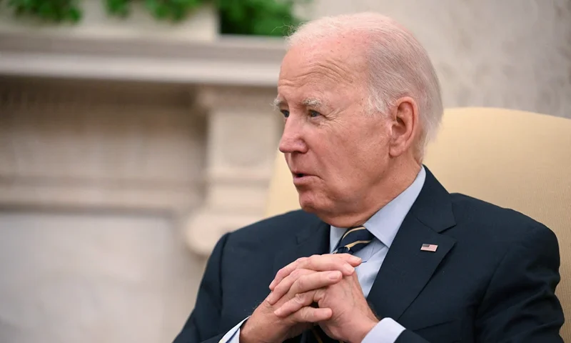 US-UKRAINE-DIPLOMACY-POLITICS-BIDEN-ZELENSKY US President Joe Biden speaks during a meeting with Ukrainian President Volodymyr Zelensky in the Oval Office of the White House in Washington, DC, on September 21, 2023. (Photo by Jim WATSON / AFP) (Photo by JIM WATSON/AFP via Getty Images)