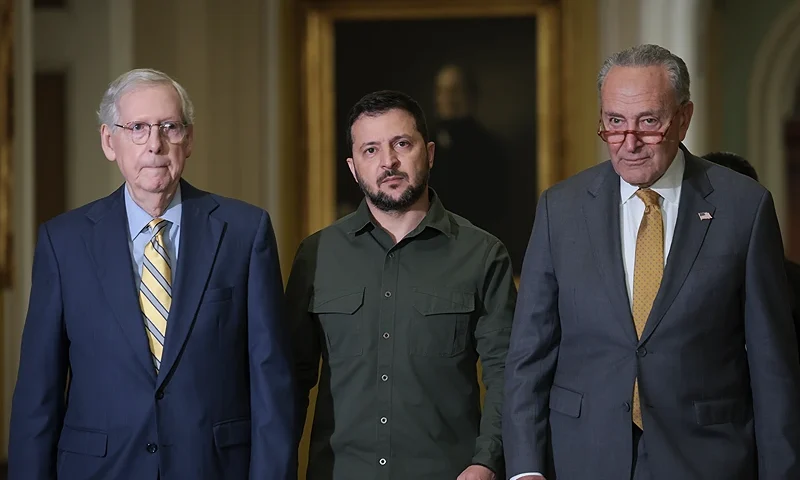WASHINGTON, DC - SEPTEMBER 21: Senate Minority Leader Mitch McConnell (L) (R-KY) and Senate Majority Leader Chuck Schumer (R) (D-NY) walk with President of Ukraine Volodymyr Zelensky (C) at the U.S. Capitol Building on September 21, 2023 in Washington, DC. Schumer said that Zelensky told him, "if we don’t get the aid, we will lose the war." (Photo by Win McNamee/Getty Images)