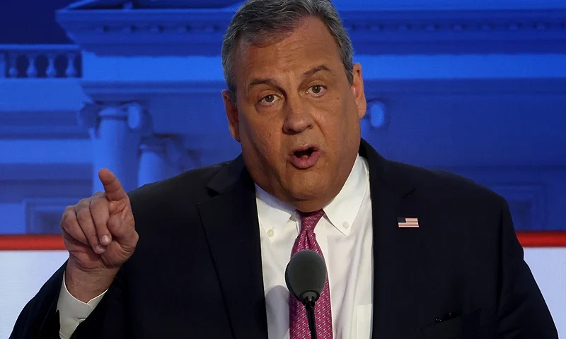 SIMI VALLEY, CALIFORNIA - SEPTEMBER 27: Republican presidential candidate former New Jersey Gov. Chris Christie delivers remarks during the FOX Business Republican Primary Debate at the Ronald Reagan Presidential Library on September 27, 2023 in Simi Valley, California. Seven presidential hopefuls squared off in the second Republican primary debate as former U.S. President Donald Trump, currently facing indictments in four locations, declined again to participate. (Photo by Justin Sullivan/Getty Images)