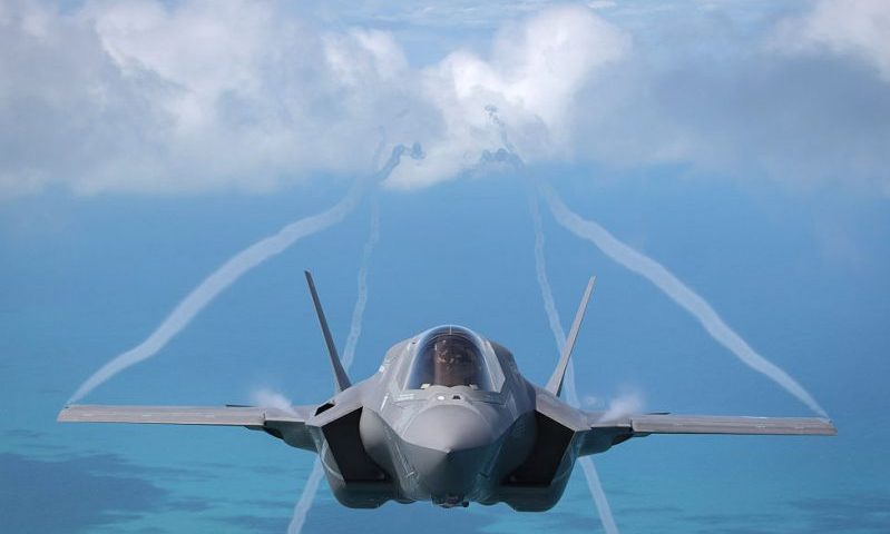 FAIRFORD, ENGLAND - JULY 01: A F-35B aircraft approaches a KC-130J Super Hercules aircraft to re-fuel as it flies over the North Sea having taken off from RAF Fairford on July 1, 2016 in Gloucestershire, England. On Wednesday the first of Britain's F-35B Lightning II jets was flown by RAF pilot Squadron Leader Hugh Nichols, on its first transatlantic crossing, accompanied by two United States Marine Corps F-35B aircraft from their training base at Beaufort, South Carolina. The combined US/UK team of aircrew and engineers are here in the UK to demonstrate just what the 5th generation state of the art aircraft can do, flying at the Royal International Air Tattoo and Farnborough International Air Show over the next few weeks.Ê The aircraft are due to enter service with the Royal Navy and RAF from 2018. (Photo by Matt Cardy/Getty Images)