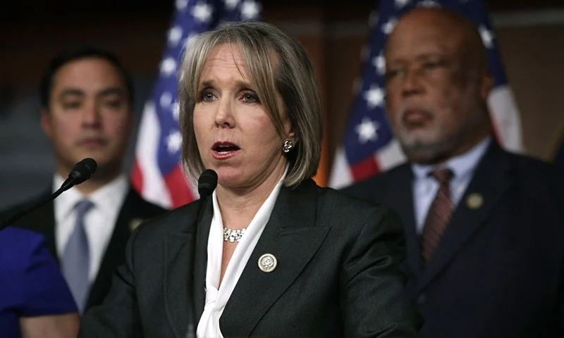 WASHINGTON, DC - FEBRUARY 16: U.S. Rep. Michelle Lujan Grisham (D-NM) (C) speaks during a news conference February 16, 2017 on Capitol Hill in Washington, DC. House Democrats held a news conference to express their frustration after their meeting with ICE Acting Director Thomas Homan on the recent ICE raids. (Photo by Alex Wong/Getty Images)