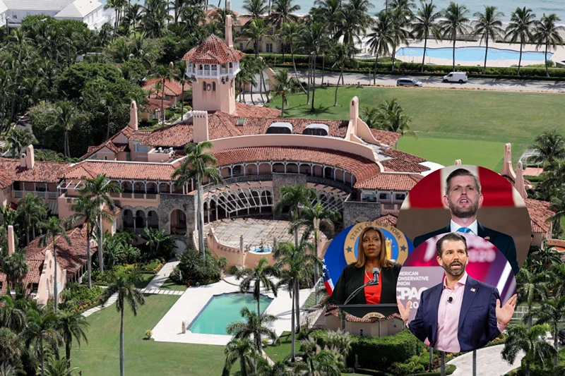 Mar-a-Lago by Joe Raedle, Eric Trump by Drew Angerer, Donald Trump Jr. by Samuel Corum, NY AG Letitia James by David Dee Delgado (Photos via: Getty Images)