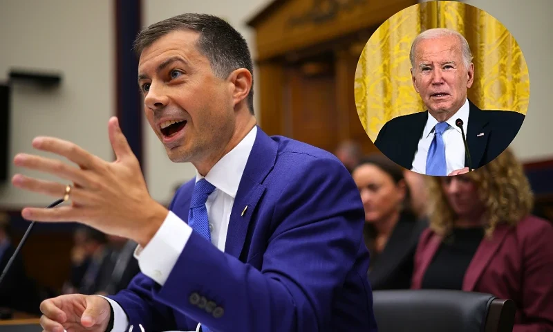 (L) WASHINGTON, DC - SEPTEMBER 20: U.S. Secretary of Transportation Pete Buttigieg testifies during a hearing before the House Transportation and Infrastructure Committee at Rayburn House Office Building on Capitol Hill on September 20, 2023 in Washington, DC. The committee held a hearing on "Oversight of the Department of Transportation's Policies and Programs." (Photo by Alex Wong/Getty Images) / (R) WASHINGTON, DC - SEPTEMBER 25: U.S. President Joe Biden (R) and Prime Minister of the Cook Islands Mark Brown participate in the Pacific Islands Forum (PIF) as part of the U.S.-Pacific Islands Forum Summit at the White House on September 25, 2023 in Washington, DC. President Biden and senior administration officials are meeting with Pacific Islands leaders to discuss regional corporation on climate change, economic growth and regional security. (Photo by Win McNamee/Getty Images)