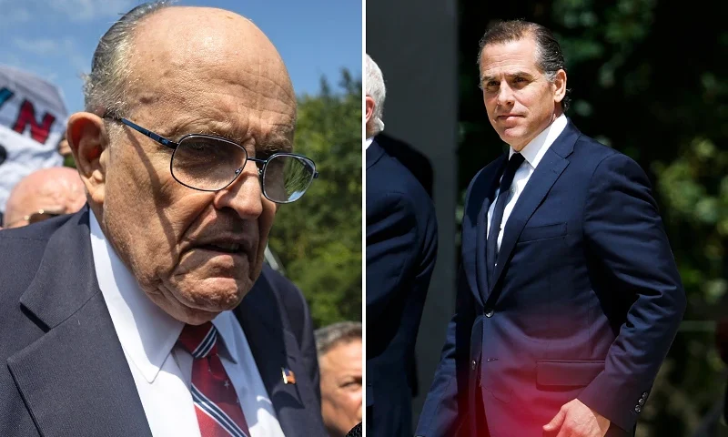 (L)TOPSHOT - Former New York City Mayor and attorney of former US President Donald Trump, Rudy Giuliani, speaks to members of the media after being booked, outside the Fulton County Jail in Atlanta, Georgia, on August 23, 2023. Giuliani, former US President Donald Trump, and 17 others were given until August 25, 2023 to surrender at the courthouse after being indicted on 41 counts related to their efforts to overturn the 2020 US Presidential election. (Photo by Christian MONTERROSA / AFP) (Photo by CHRISTIAN MONTERROSA/AFP via Getty Images) (R) WASHINGTON, DC - APRIL WILMINGTON, DELAWARE - JULY 26: Hunter Biden, son of U.S. President Joe Biden, departs the J. Caleb Boggs Federal Building on July 26, 2023 in Wilmington, Delaware. Biden pleaded not guilty to two misdemeanor tax charges in a deal with prosecutors to avoid prosecution on an additional gun charge. However, the federal judge overseeing the case unexpectedly delayed Biden’s plea deal and deferred her decision until more information is put forth by both the prosecution and the defense. (Photo by Anna Moneymaker/Getty Images)