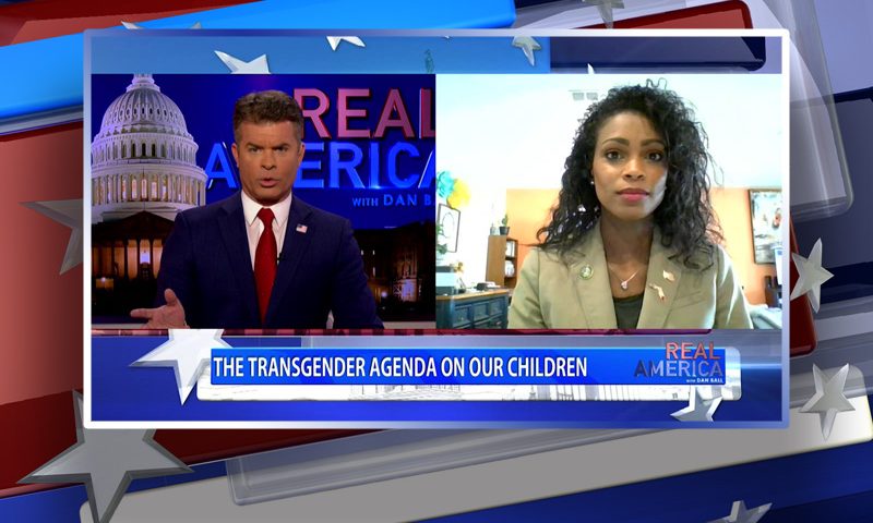 Video still from Aly Legge's interview with Real America on One America News Network