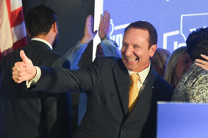 Louisiana gubernatorial candidate Jeff Landry speaks to supporters during a watch party at Broussard Ballroom, Saturday, Oct. 14, 2023, in Broussard, La. (Brad Kemp/The Advocate via AP)