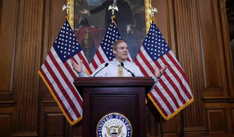 Rep. Jim Jordan, R-Ohio, House Judiciary chairman and staunch ally of Donald Trump, meets with reporters about his struggle to become speaker of the House, at the Capitol in Washington, Friday, Oct. 20, 2023. (AP Photo/J. Scott Applewhite)