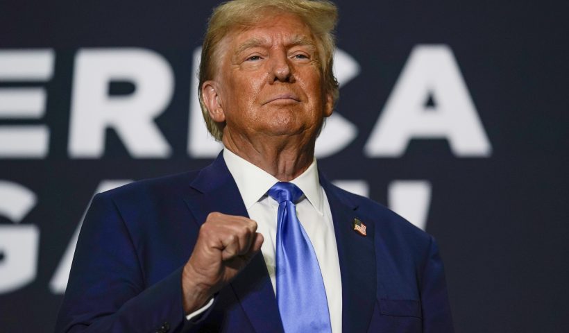 Republican presidential candidate former President Donald Trump arrives to speak at a campaign rally Monday Oct. 23, 2023, in Derry, N.H. (AP Photo/Charles Krupa)