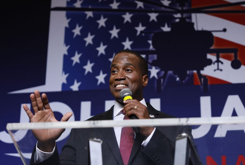 DETROIT, MI - AUGUST 7: John James, Michigan GOP Senate candidate, speaks at an election night event after winning his primary election at his business James Group International August 7th, 2018 in Detroit, Michigan. James, who has President Donald Trump's endorsement, will face Democrat incumbent Senator Debbie Stabenow (D-MI) in November. (Photo by Bill Pugliano/Getty Images)
