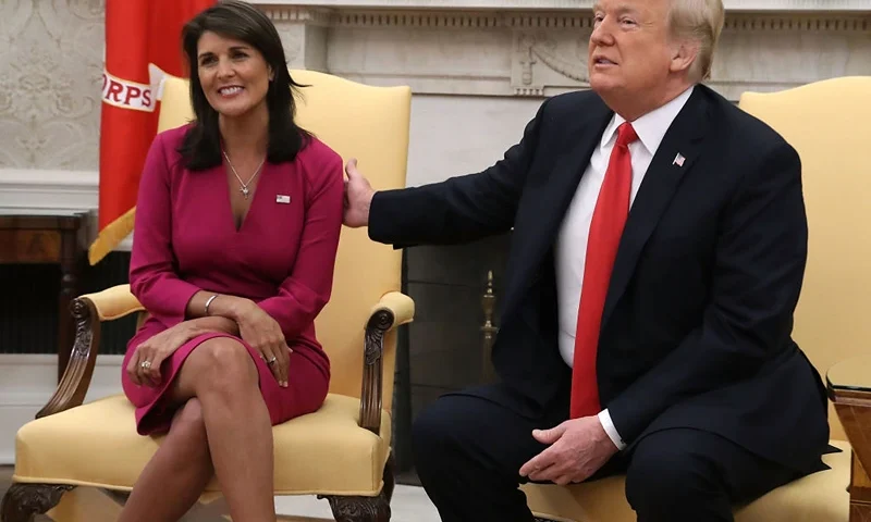 WASHINGTON, DC - OCTOBER 09: U.S. President Donald Trump announces that he has accepted the resignation of Nikki Haley as US Ambassador to the United Nations, in the Oval Office on October 9, 2018 in Washington, DC. President Trump said that Haley will leave her post by the end of the year. (Photo by Mark Wilson/Getty Images)