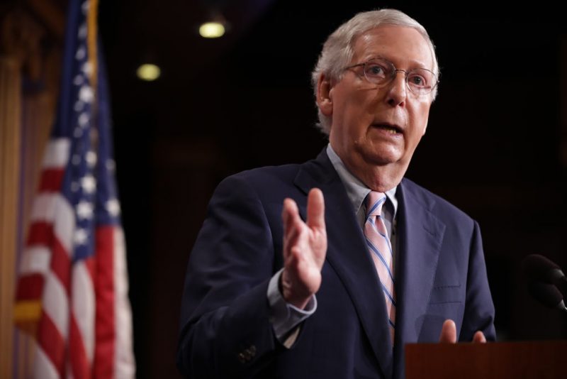 WASHINGTON, DC - OCTOBER 06: Senate Majority Leader Mitch McConnell (R-KY) talks to reporters after the Senate voted to confirm Supreme Court nominee Judge Brett Kavanaugh at the U.S. Capitol October 06, 2018 in Washington, DC. The Senate voted 50-48 to confirm Kavanaugh to replace retired Associate Justice Anthony Kennedy. (Photo by Chip Somodevilla/Getty Images)