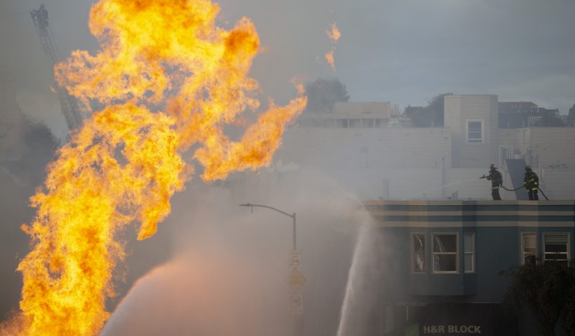 SAN FRANCISCO, CA - FEBRUARY 6: Firefighters battle a blaze following an explosion of a gas line on February 6, 2019 in San Francisco, California. Five buildings, including a medical clinic and apartment buildings were evacuated, according to published reports. (Photo by Santiago Mejia-Pool/Getty Images)