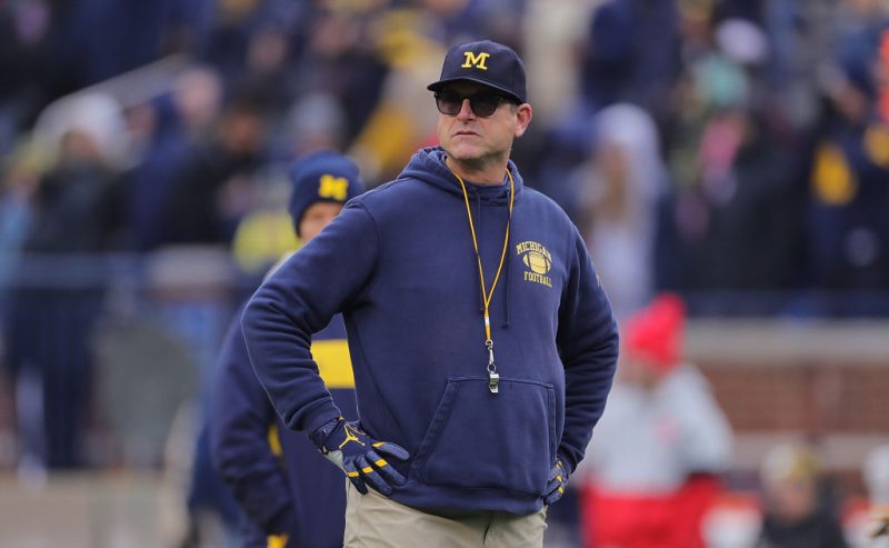 ANN ARBOR, MI - NOVEMBER 30: Michigan Wolverines Head Football Coach Jim Harbaugh watches the pregame warmups prior to the start of the game against the Ohio State Buckeyes at Michigan Stadium on November 30, 2019 in Ann Arbor, Michigan. (Photo by Leon Halip/Getty Images)