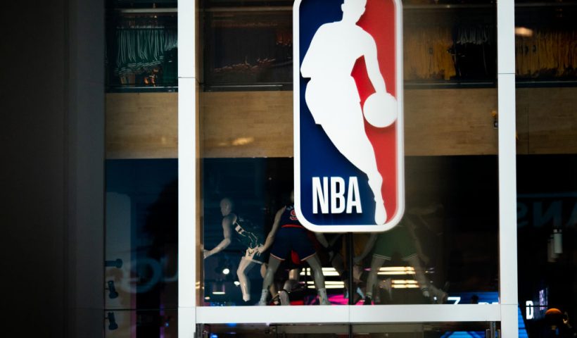 NEW YORK, NY - MARCH 12: An NBA logo is shown at the 5th Avenue NBA store on March 12, 2020 in New York City. The National Basketball Association said they would suspend all games after player Rudy Gobert of the Utah Jazz reportedly tested positive for the Coronavirus (COVID-19). (Photo by Jeenah Moon/Getty Images)