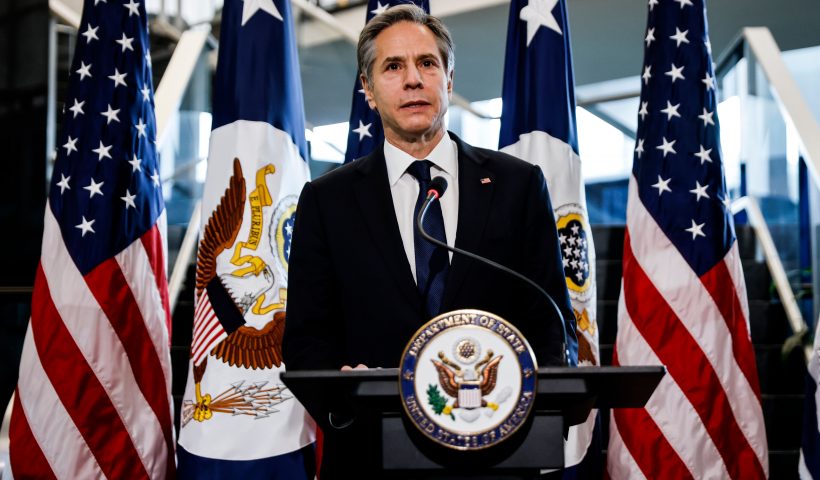 Newly confirmed US Secretary of State Antony Blinken speaks during a welcome ceremony at the State Department in Washington,DC on January 27, 2021. (Photo by CARLOS BARRIA / POOL / AFP) (Photo by CARLOS BARRIA/POOL/AFP via Getty Images)