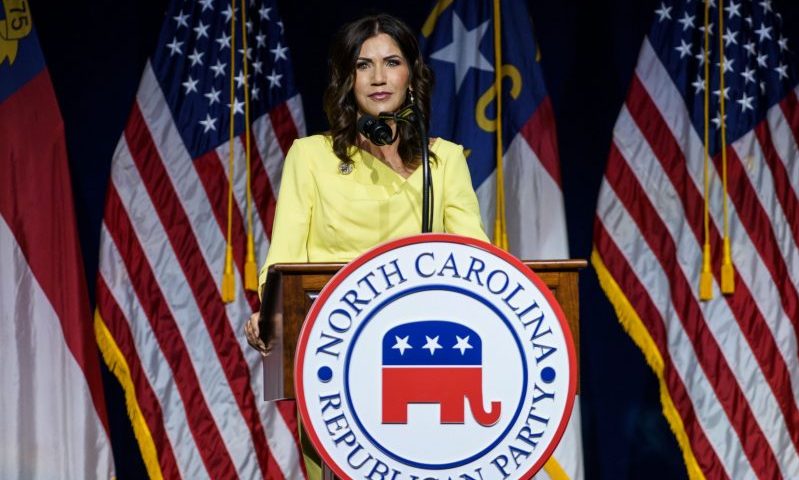 GREENVILLE, NC - JUNE 05: South Dakota Gov. Kristi Noem speaks to attendees at the North Carolina GOP convention on June 5, 2021 in Greenville, North Carolina. Former U.S. President Donald Trump is scheduled to speak at the NCGOP state convention in one of his first high-profile public appearances since leaving the White House in January. (Photo by Melissa Sue Gerrits/Getty Images)