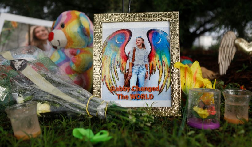 NORTH PORT, FLORIDA - SEPTEMBER 21: A makeshift memorial dedicated to Gabby Petito is located near the North Port City Hall on September 21, 2021 in North Port, Florida. The body of Petito was found by authorities in Wyoming, where she went missing while on a cross-country trip with her fiance, Brian Laundrie. Law enforcement agencies are for searching for his whereabouts. (Photo by Octavio Jones/Getty Images)