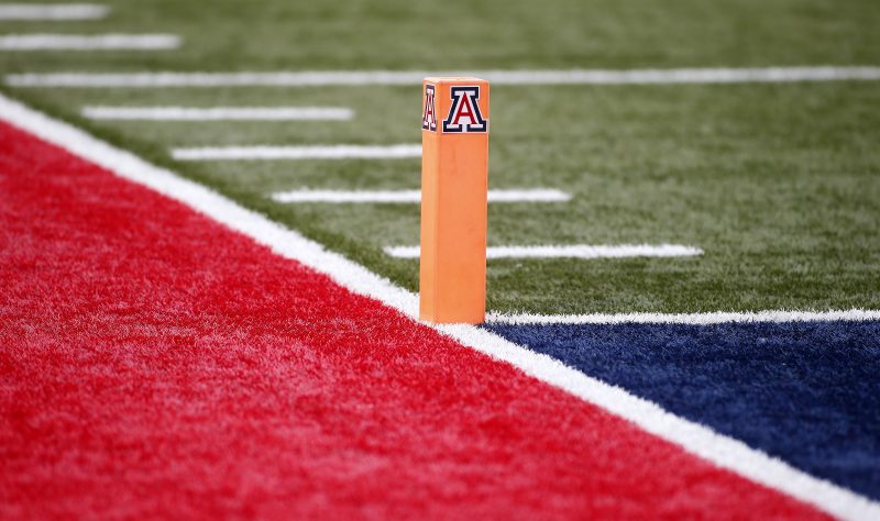 TUCSON, ARIZONA - DECEMBER 05: University of Arizona logo on an endzone pylon during the PAC-12 football game between the Arizona Wildcats and Colorado Buffaloes at Arizona Stadium on December 05, 2020 in Tucson, Arizona. (Photo by Ralph Freso/Getty Images)