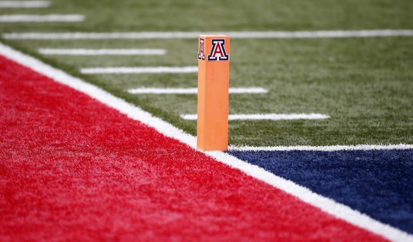 TUCSON, ARIZONA - DECEMBER 05: University of Arizona logo on an endzone pylon during the PAC-12 football game between the Arizona Wildcats and Colorado Buffaloes at Arizona Stadium on December 05, 2020 in Tucson, Arizona. (Photo by Ralph Freso/Getty Images)