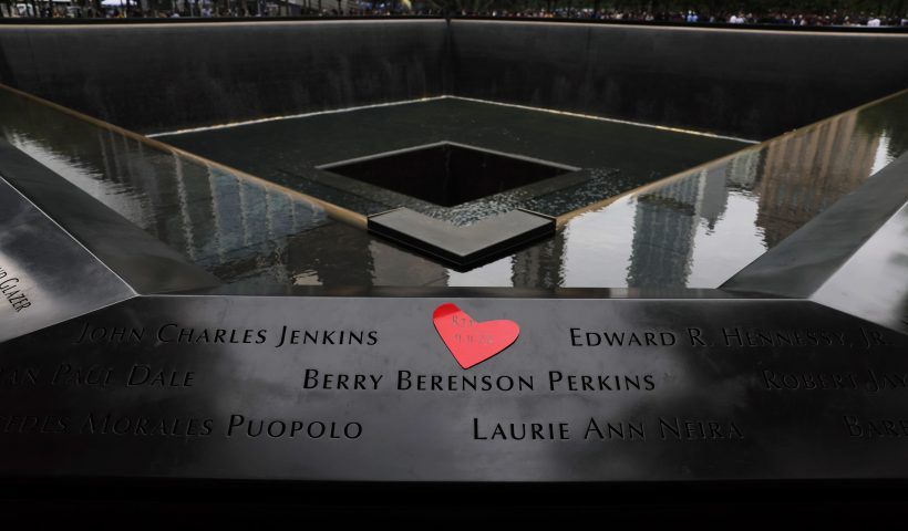 NEW YORK, NEW YORK - SEPTEMBER 11: A cut out heart is seen placed on the names of victims of the 9/11 terror attack on the South Tower Memorial Pool during the annual 9/11 Commemoration Ceremony at the National 9/11 Memorial and Museum on September 11, 2022 in New York City. This year marks the 21st anniversary of the terror attacks of September 11, 2001, when the terrorist group al-Qaeda flew hijacked airplanes into the World Trade Center, Shanksville, PA and the Pentagon, killing nearly 3,000 people. Vice President Kamala Harris and Secretary of Homeland Security Alejandro N. Mayorkas were in attendance for this year's ceremony. (Photo by Michael M. Santiago/Getty Images)