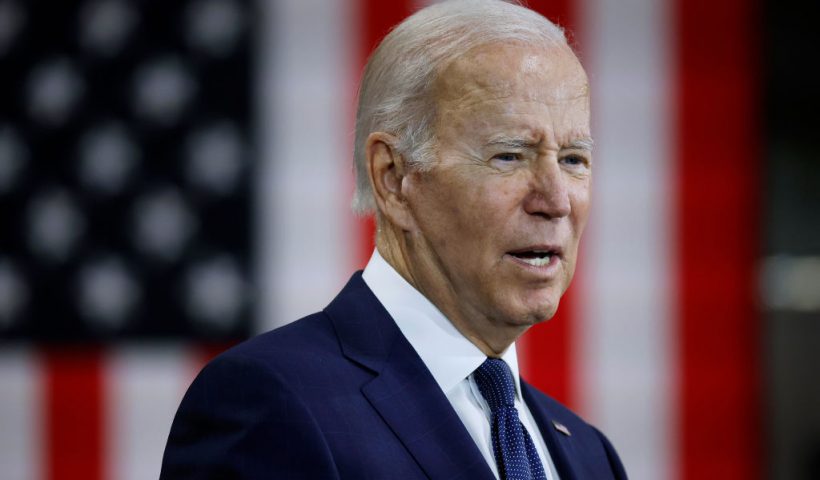 HAGERSTOWN, MARYLAND - OCTOBER 07: U.S. President Joe Biden delivers remarks after touring Volvo Group Powertrain on October 07, 2022 in Hagerstown, Maryland. Biden's remarks about the economy highlighted his administration's efforts on "building the economy from the bottom up and middle out." According to the company, about 1,700 employees at the Maryland plant develop and manufacture heavy-duty diesel engines, transmissions and axles for Mack Trucks, Volvo trucks and buses and Prevost coaches. (Photo by Chip Somodevilla/Getty Images)