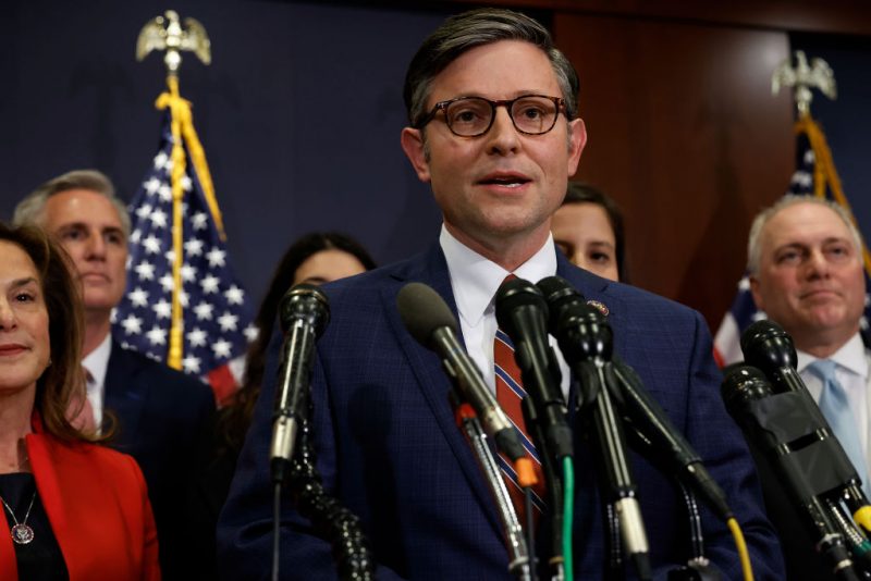 WASHINGTON, DC - NOVEMBER 15: Rep. Mike Johnson (R-LA) talks to reporters after being re-elected the Vice Chairman of the House Republican Conference in the U.S. Capitol Visitors Center on November 15, 2022 in Washington, DC. House Minority Leader Kevin McCarthy (R-CA) was elected leader of the caucus, paving the way for his election to Speaker of the House if the GOP wins control of the House of Representatives. (Photo by Chip Somodevilla/Getty Images)