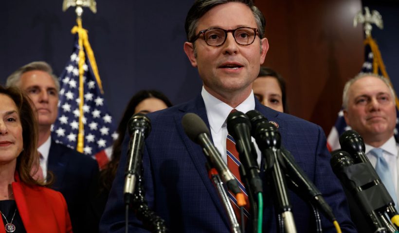 WASHINGTON, DC - NOVEMBER 15: Rep. Mike Johnson (R-LA) talks to reporters after being re-elected the Vice Chairman of the House Republican Conference in the U.S. Capitol Visitors Center on November 15, 2022 in Washington, DC. House Minority Leader Kevin McCarthy (R-CA) was elected leader of the caucus, paving the way for his election to Speaker of the House if the GOP wins control of the House of Representatives. (Photo by Chip Somodevilla/Getty Images)