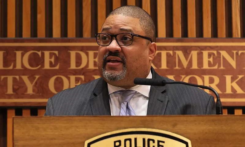 NEW YORK, NEW YORK - APRIL 18: Manhattan DA Alvin Bragg speaks during a press conference at 1 Police Plaza on April 18, 2023 in New York City. DA Bragg was joined by Mayor Eric Adams and NYPD Commissioner Keechant L. Sewell to announce the indictment of five suspects for drugging patrons of bars and nightclubs in order to rob them that led to the death of two victims, Julio Ramirez and John Umberger. All of the defendants are charged with robbery in the first degree and conspiracy in the fourth degree as well as various counts of identity theft and grand larceny. Three suspects are charged with one count of murder in the second degree and two suspects have been charged with a second count of murder in the second degree. (Photo by Michael M. Santiago/Getty Images)