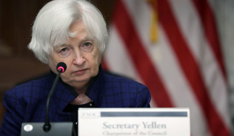 WASHINGTON, DC - APRIL 21: U.S. Secretary Janet Yellen listens during an open session of a Financial Stability Oversight Council meeting at the Department of the Treasury on April 21, 2023 in Washington, DC. The FSOC proposed on Friday a new guidance to revise how non-bank financial institutions are designated. (Photo by Alex Wong/Getty Images)