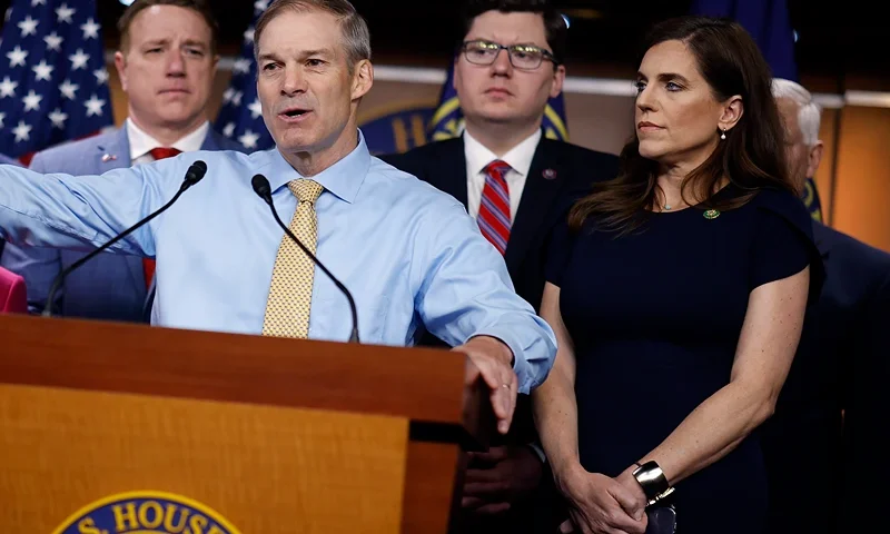 WASHINGTON, DC - MAY 10: Republican members of the House Oversight and Accountability Committee, including Rep. Jim Jordan (R-OH) (C), hold a news conference to present preliminary findings into their investigation into President Joe Biden's family during a news conference at the U.S. Capitol on May 10, 2023 in Washington, DC. (Photo by Chip Somodevilla/Getty Images)