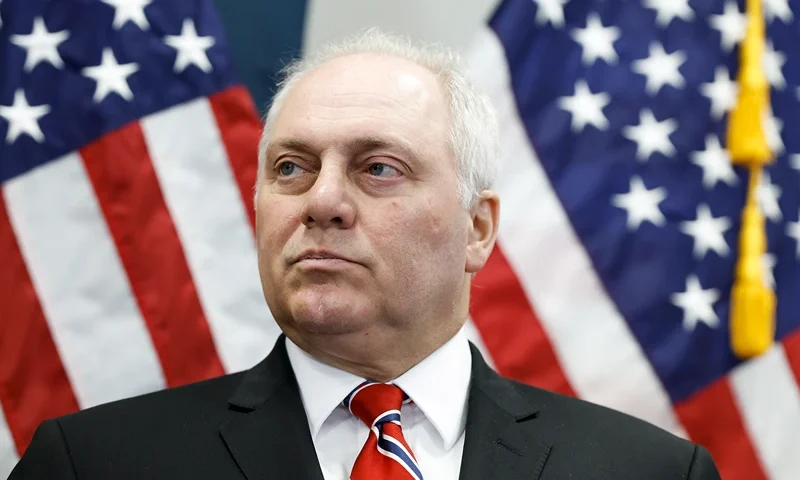 House GOP Members Meet For Their Weekly Caucus Meeting WASHINGTON, DC - JULY 18: U.S. House Majority Leader Rep. Steve Scalise (R-LA) listens during a press conference following a House Republican Conference meeting at the U.S. Capitol Building on July 18, 2023 in Washington, DC. Former U.S. President Donald Trump announced that he is a target in Special Counsel Jack Smith's investigation into the January 6, 2021 attack on the U.S. Capitol. (Photo by Anna Moneymaker/Getty Images)