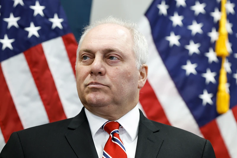 House GOP Members Meet For Their Weekly Caucus Meeting
WASHINGTON, DC - JULY 18: U.S. House Majority Leader Rep. Steve Scalise (R-LA) listens during a press conference following a House Republican Conference meeting at the U.S. Capitol Building on July 18, 2023 in Washington, DC. Former U.S. President Donald Trump announced that he is a target in Special Counsel Jack Smith's investigation into the January 6, 2021 attack on the U.S. Capitol. (Photo by Anna Moneymaker/Getty Images)