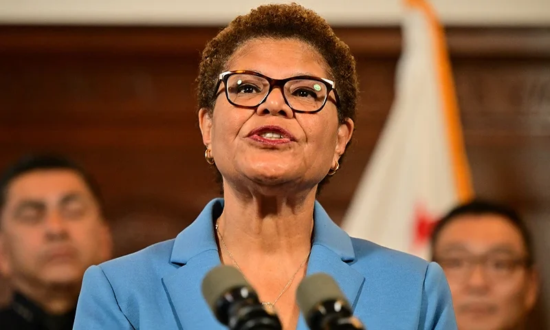 Los Angeles Mayor Karen Bass speaks during a press conference to announce new efforts to curb recent retail thefts at City Hall in Los Angeles, California, on August 17, 2023. (Photo by Frederic J. Brown / AFP) (Photo by FREDERIC J. BROWN/AFP via Getty Images)