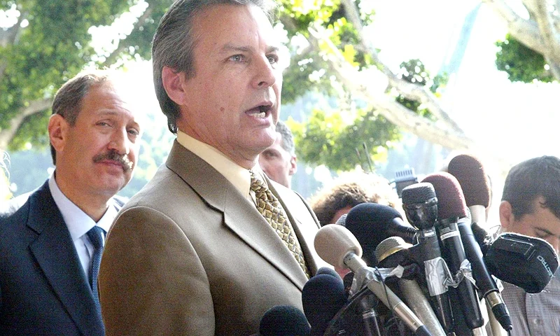 BEVERLY HILLS, CA - DECEMBER 6: Father of murder victim Polly Klaas, Marc Klaas, speaks to the media following the sentencing of actress Winona Ryder on shoplifting charges on December 6, 2002 in Beverly Hills, California. Klaas pointed out to the media the support Ryder gave to his family after the disappearance of his daughter. Ryder was sentenced to three years probation, 480 hours of community service and ordered to pay $11,300 in fines and restitution. (Photo by Frazer Harrison/Getty Images)