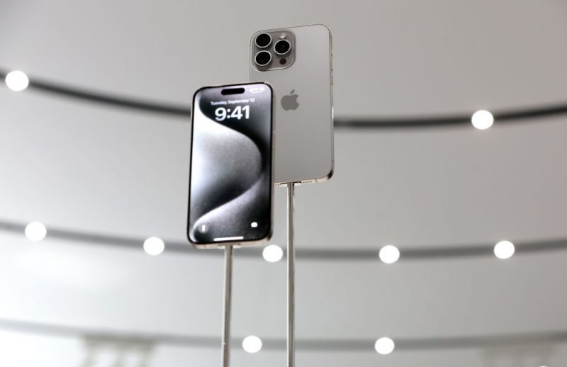 CUPERTINO, CALIFORNIA - SEPTEMBER 12: The new iPhone 15 Pro is displayed during an Apple event at the Steve Jobs Theater at Apple Park on September 12, 2023 in Cupertino, California. Apple revealed its lineup of the latest iPhone 15 versions as well as other product upgrades during the event. (Photo by Justin Sullivan/Getty Images)