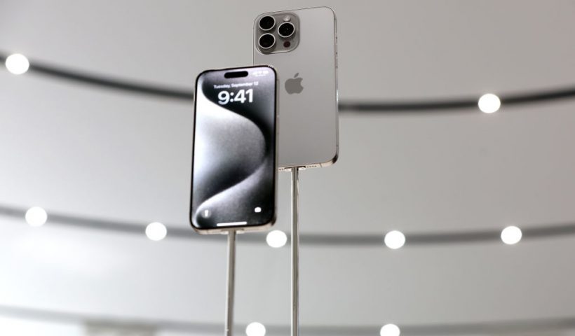 CUPERTINO, CALIFORNIA - SEPTEMBER 12: The new iPhone 15 Pro is displayed during an Apple event at the Steve Jobs Theater at Apple Park on September 12, 2023 in Cupertino, California. Apple revealed its lineup of the latest iPhone 15 versions as well as other product upgrades during the event. (Photo by Justin Sullivan/Getty Images)