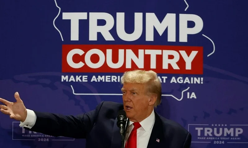 Former US President and 2024 Presidential hopeful Donald Trump delivers remarks at a Team Trump Iowa Commit to Caucus event in Maquoketa, Iowa, on September 20, 2023. (Photo by KAMIL KRZACZYNSKI / AFP) (Photo by KAMIL KRZACZYNSKI/AFP via Getty Images)