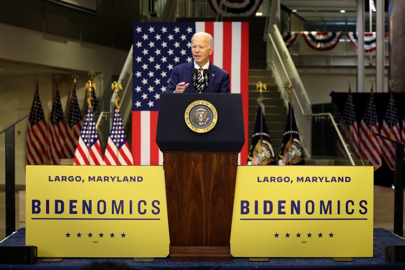 LARGO, MARYLAND - SEPTEMBER 14: U.S. President Joe Biden delivers remarks at Prince George's Community College on September 14, 2023 in Largo, Maryland. Biden spoke on his economic plan, "Bidenomics," outlining his plan to create jobs, reduce inflation and increase wages while comparing it to the Republican's plan that he says will hurt the middle class and cut the social safety net. (Photo by Kevin Dietsch/Getty Images)
