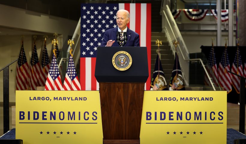 LARGO, MARYLAND - SEPTEMBER 14: U.S. President Joe Biden delivers remarks at Prince George's Community College on September 14, 2023 in Largo, Maryland. Biden spoke on his economic plan, "Bidenomics," outlining his plan to create jobs, reduce inflation and increase wages while comparing it to the Republican's plan that he says will hurt the middle class and cut the social safety net. (Photo by Kevin Dietsch/Getty Images)