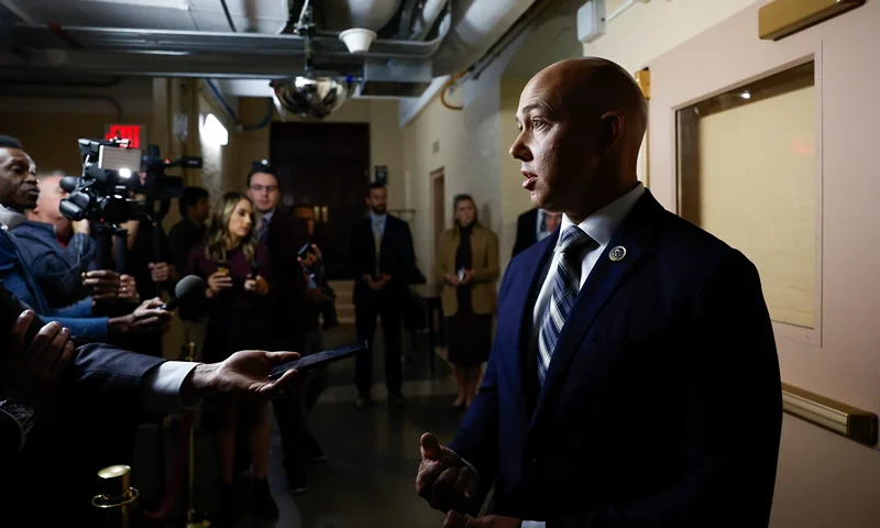 WASHINGTON, DC - SEPTEMBER 27: Rep. Brian Mast (R-FL) speaks to reporters outside of a House Republican caucus meeting at the U.S. Capitol on September 27, 2023 in Washington, DC. House Speaker Kevin McCarthy (R-CA) continues to have difficulty finding a legislative path that would prevent the federal government from partially shutting down at midnight on September 30 while also preserving his speakership. (Photo by Anna Moneymaker/Getty Images)