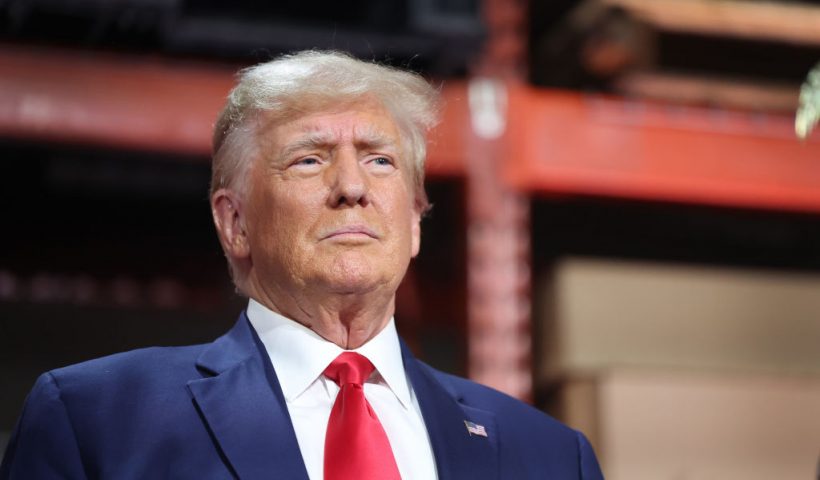 CLINTON TOWNSHIP, MICHIGAN - SEPTEMBER 27: Republican presidential candidate former President Donald Trump speaks to guests during a campaign stop at Drake Enterprises, an automotive parts manufacturer, on September 27, 2023 in Clinton Township, Michigan. President Joe Biden met with striking UAW workers the day before at a General Motors parts facility. (Photo by Scott Olson/Getty Images)