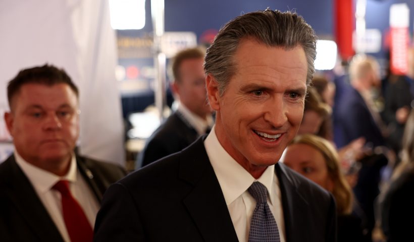 SIMI VALLEY, CALIFORNIA - SEPTEMBER 27: California Gov. Gavin Newsom talks to reporters in the spin room following the FOX Business Republican Primary Debate at the Ronald Reagan Presidential Library on September 27, 2023 in Simi Valley, California. Seven presidential hopefuls squared off in the second Republican primary debate as former U.S. President Donald Trump, currently facing indictments in four locations, declined again to participate. (Photo by Mario Tama/Getty Images)