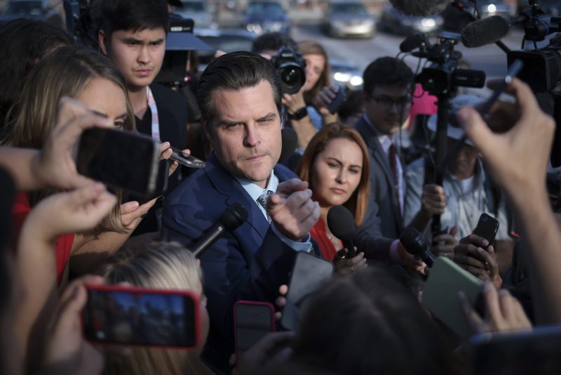 McCarthy Ousted As Speaker Of The House After Historic Vote WASHINGTON, DC - OCTOBER 03: Rep. Matt Gaetz (R-FL) answers questions outside the U.S. Capitol after successfully leading a vote to remove Rep. Kevin McCarthy (R-CA) from the office of Speaker of the House October 3, 2023 in Washington, DC. McCarthy was removed by a motion to vacate, an effort led by a handful of conservative members of his own party. (Photo by Win McNamee/Getty Images)